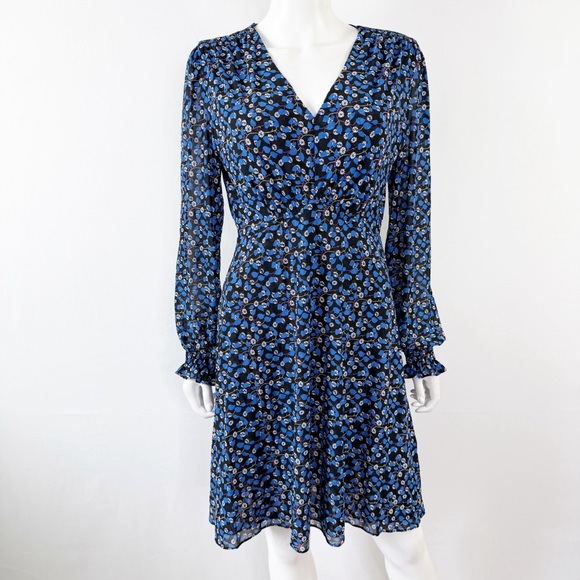 Cabi Dresses & Skirts - Cabi Blue Floral Mesh Dress Size M Long Sleeve V-Neck Casual A-Line Classic